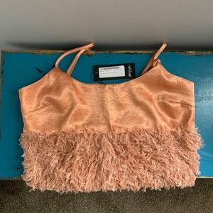 Fun orange satin and feather cropped tank